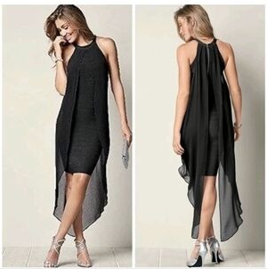 VENUS Black Chiffon Overlay Bandage Dress‎ Size High Neckline Slimming Sz 10